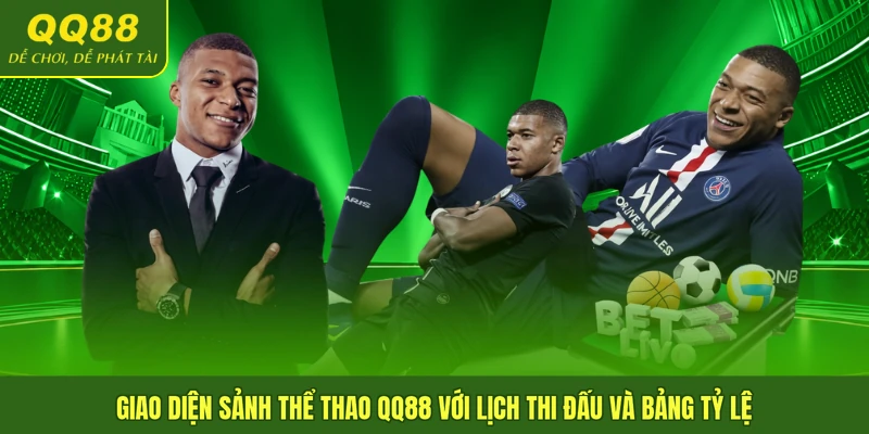 Giao diện sảnh thể thao QQ88 với lịch thi đấu và bảng tỷ lệ